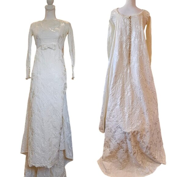 Vintage 50s 60s Womens Size 0 Ivory‎ Wedding Gown Longsleeve Attached Cape Train - Picture 1 of 16